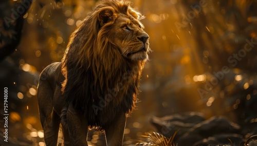 A majestic lion standing tall in the heart of an enchanted forest.