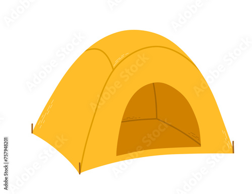 Tourist accessories. Camping tent yellow cartoon vector illustration isolated on white background