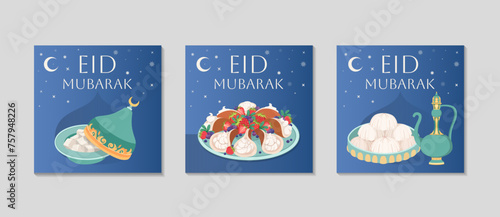 Eid Mubarak greeting card set. Festive background with Arabic sweets and tea. Traditional food.