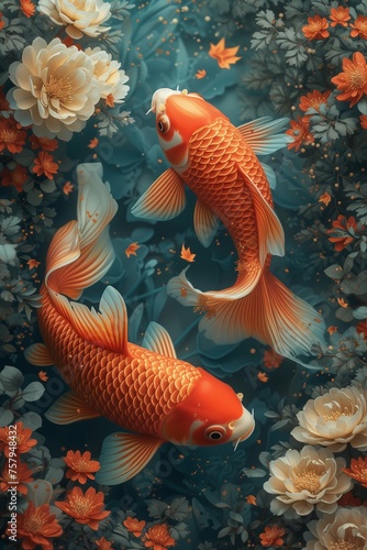 A mesmerizing artwork capturing two koi fish gracefully swimming amidst a serene