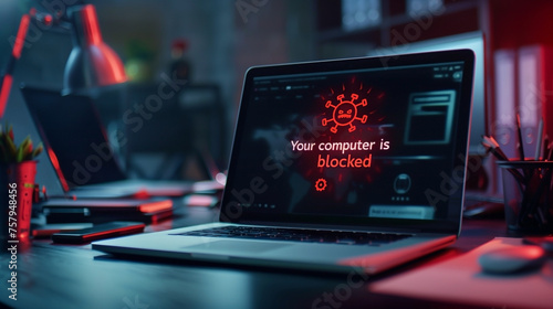The computer displays cyber attack on an office computer and the message "Your computer blocked" Technology concept