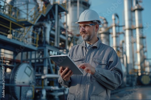 Focused engineer with tablet inspecting industrial plant operations