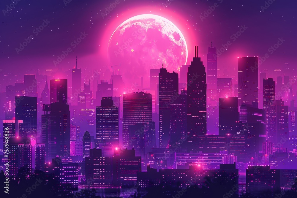 A purple and pink gradient city skyline at night with a large full moon in the sky. 
