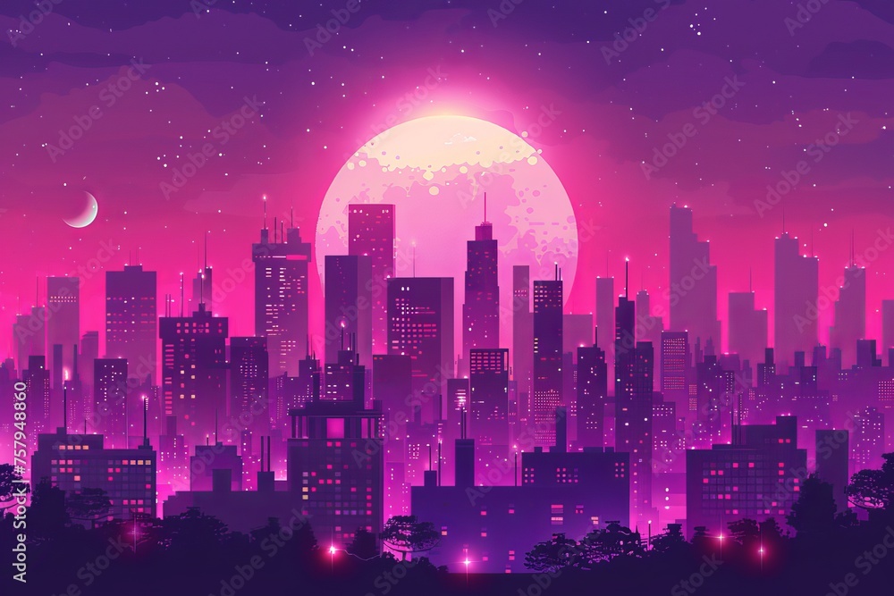 A purple and pink gradient city skyline at night with a large full moon in the sky. 