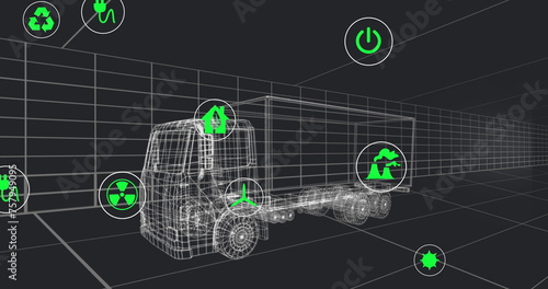 Image of multiple digital icons over 3d truck model moving in seamless pattern in a tunnel