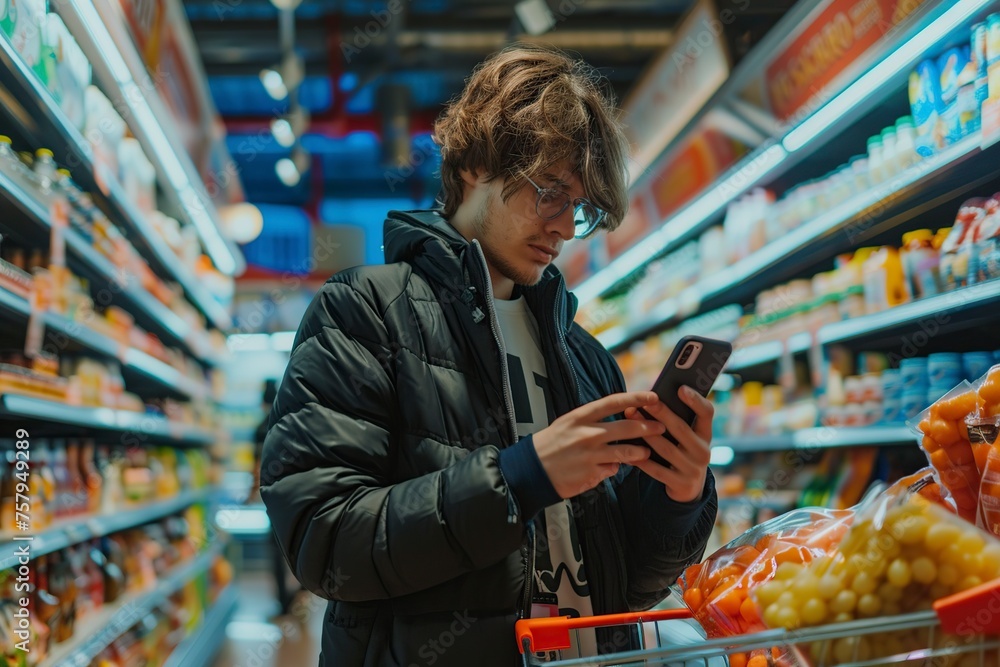 Man Checking Cell Phone in Grocery Store