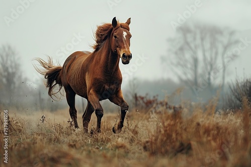 Brown Horse Galloping Through Dry Grass Field