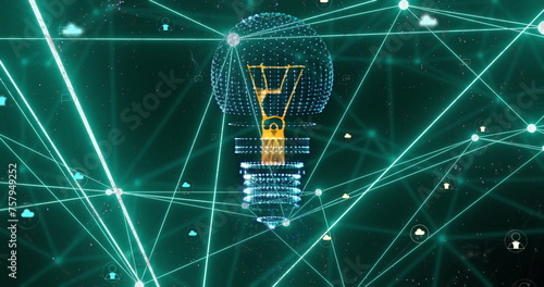 Image of network of connections and light bulb over black background