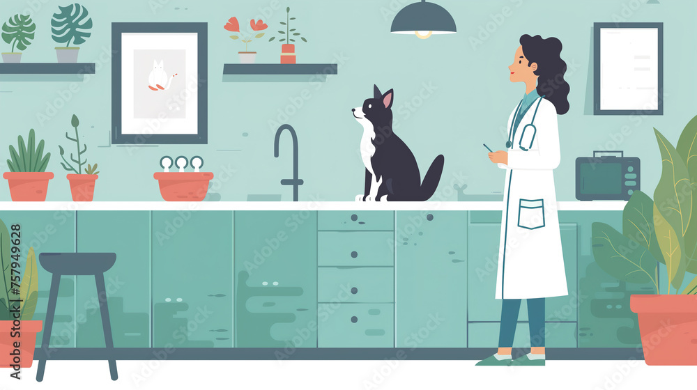Woman in Lab Coat Standing Next to Black Cat. Generative AI