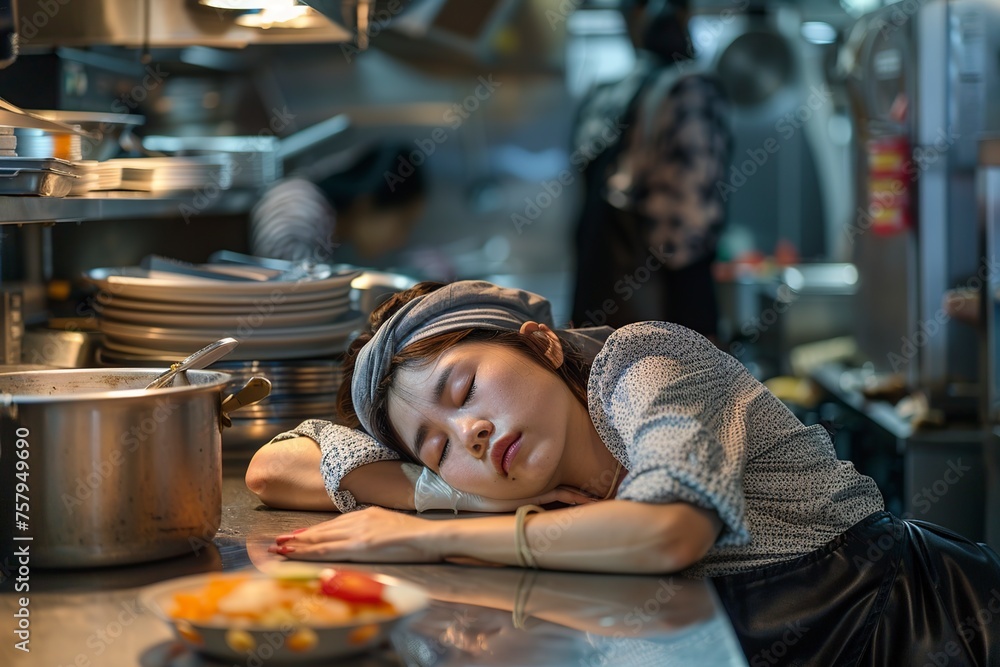 Woman Sleeping on Counter in Restaurant