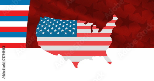 Image of usa map coloured in american flag over stars and stripes