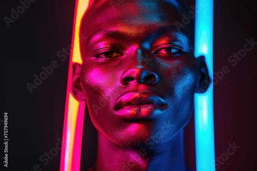 closeup neon portrait of african american fashion man