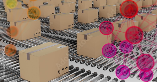 Image of networks of connections over cardboard boxes on conveyor belts