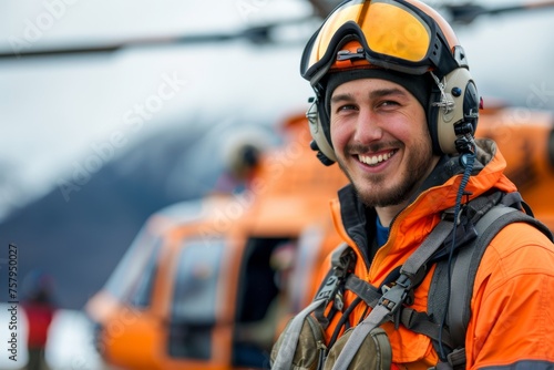 Smiling helicopter personnel in orange safety gear with aircraft in background