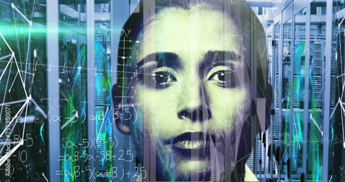 Image of mathematical equations data, molecules and lights moving over portrait of biracial woman 