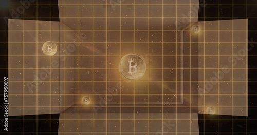 Image of gold bitcoins over grid and opening and closing cardboard box