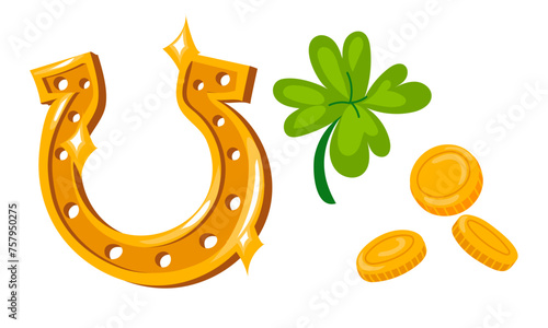 A set of gold coins, clover and a golden horseshoe for St. Patrick's Day. Isolated vector objects for good luck, for wealth for a holiday. Green and gold are the main colors of the Irish holiday