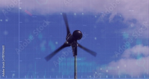 Image of financial data processing over electric windmill