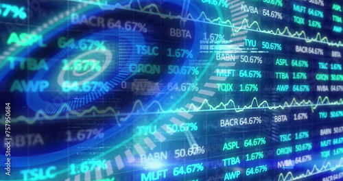 Digital image of stock market data processing over neon round scanner against blue background