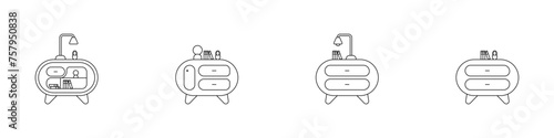 Set of linear editable bedside table vector icons. Contour logo of the cabinet. Book and lamp on the bedside table icon symbol. Home furniture interior concept.