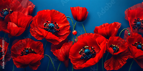 Banner with red poppy flowers on blue background, symbol for remembrance, memorial, anzac day