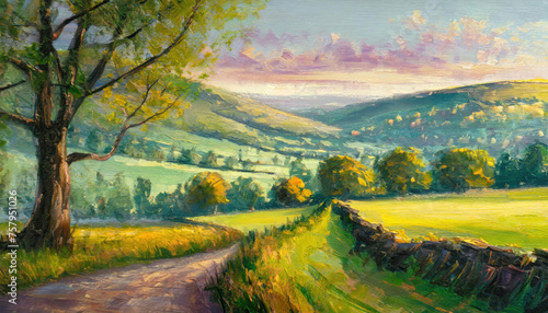 An acrylic style painting if the green English countryside in Summer