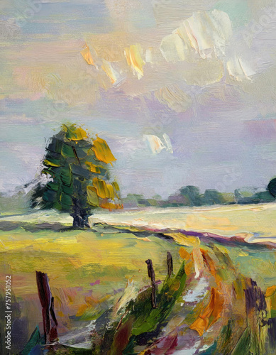 An acrylic style painting if the green English countryside in Summer