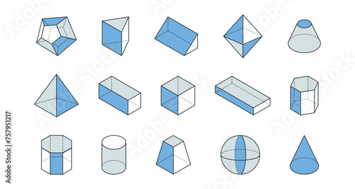 Geometric shapes line icons set in blue and gray. Basic stereometry figures. 3d cube, sphere, cone, cone, cylinder, pyramid vector illustration