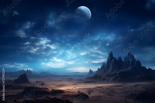 Moonlit Desert Landscape  A surreal desert landscape under the glow of the moon  creating an otherworldly and captivating scene.  