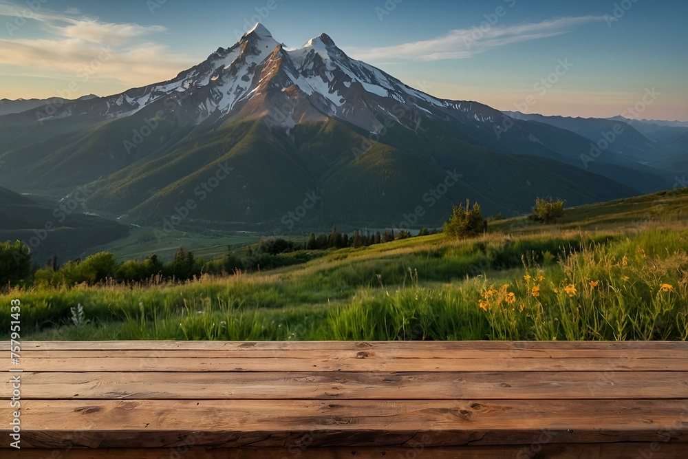 Wooden table top with the mountain landscape