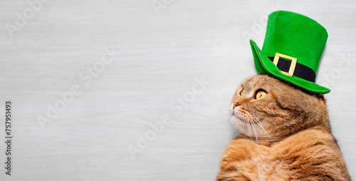 Ginger cat in a green hat with copy space. St.Patrick 's Day.