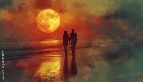 Graphic image of a couple strolling through the park or along the beach, lovingly holding hands