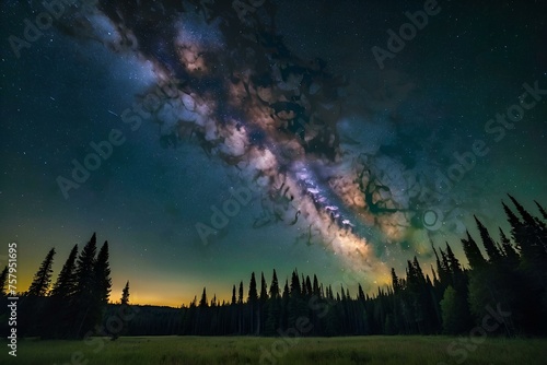Milky Way Galaxy over the forest  starry night background