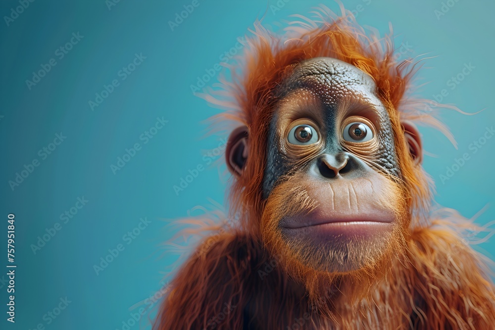 Curious Orangutans Close-up Portrait with Funny Expression on Blue Background