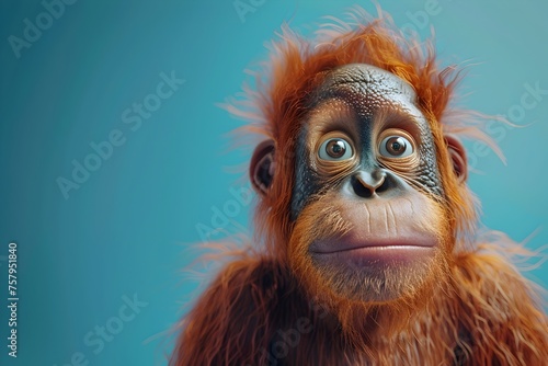 Curious Orangutans Close-up Portrait with Funny Expression on Blue Background © milkyway