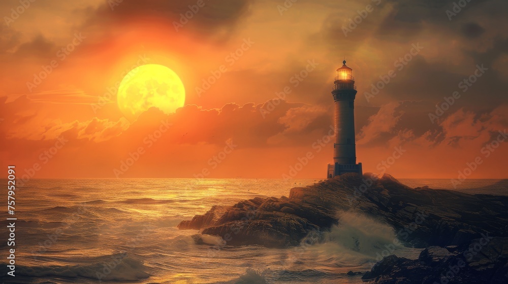 Hope represented by a lone lighthouse standing firm on a rocky coast against a rising sun