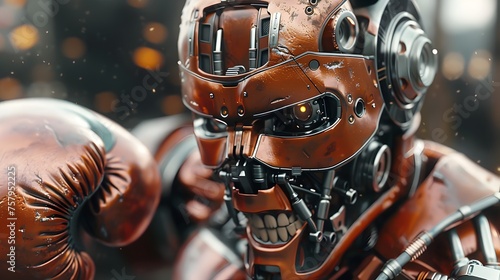 Angry Robotic Boxer: A Menacing Cyberpunk Figure with Rusted Armor and Sharp Teeth