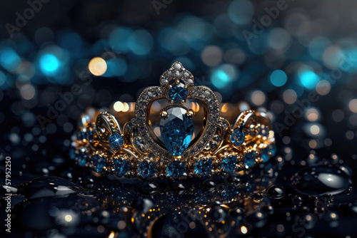 gold ring with precious stones, decoration in the shape of a tiara and crown, on a dark background with bokeh, blue diamonds