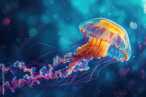 glowing jellyfish with long tentacles, swimming in blue water, underwater world, against a bokeh background © yanapopovaiv