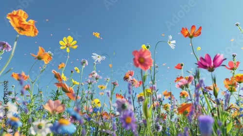 Joy illustrated by a field of vibrant wildflowers under a clear blue sky © Orxan