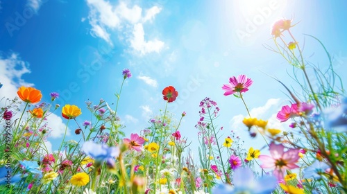 Joy illustrated by a field of vibrant wildflowers under a clear blue sky © Orxan