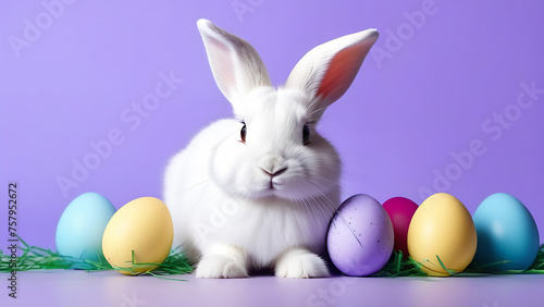 Cute rabbit with Easter eggs on purple background. Easter postcard with free space for text