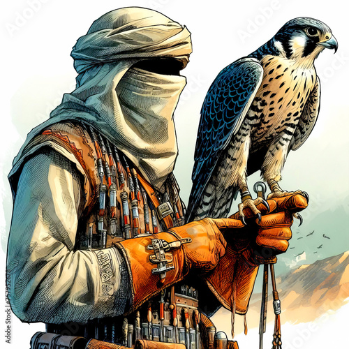 Bedouin falconer with his hunting falcon, color illustration