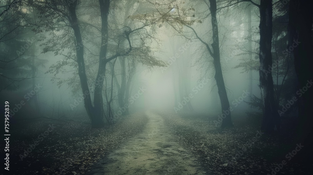 Melancholy captured through a foggy forest path, with muted colors and soft light