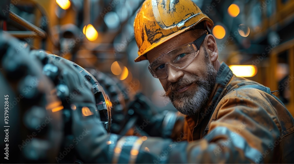 A construction pipe fitter working on a pipe in a refinery. Generative AI. A construction pipe fitter working on a pipe in a refinery. Generative AI.