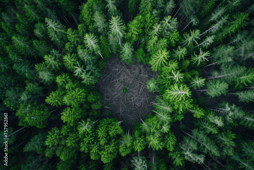 aerial photography, deforestation, in the center there is an empty space with broken sticks, logs from poachers, trees around, pine forest, view from the top photo