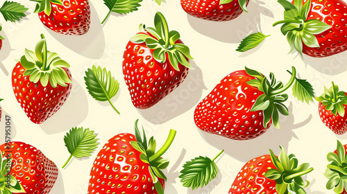 Abstract seamless pattern with red strawberries and green leafs isolated on white background. Close-up.