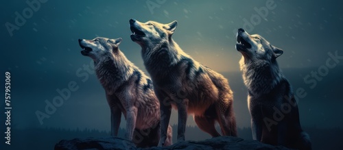 wolves howl on a rock at night in forest background photo