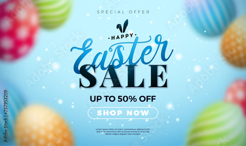 Easter Sale Illustration with Blurred Colorful Painted Egg and and Typography Lettering with Rabbit Ears on Blue Background. Vector Religion Holiday Celebration Banner Design Template for Coupon