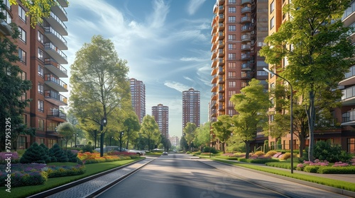 Background photo of a rich high-rise apartment complex, street, spring, trees. Generative AI. © visoot
